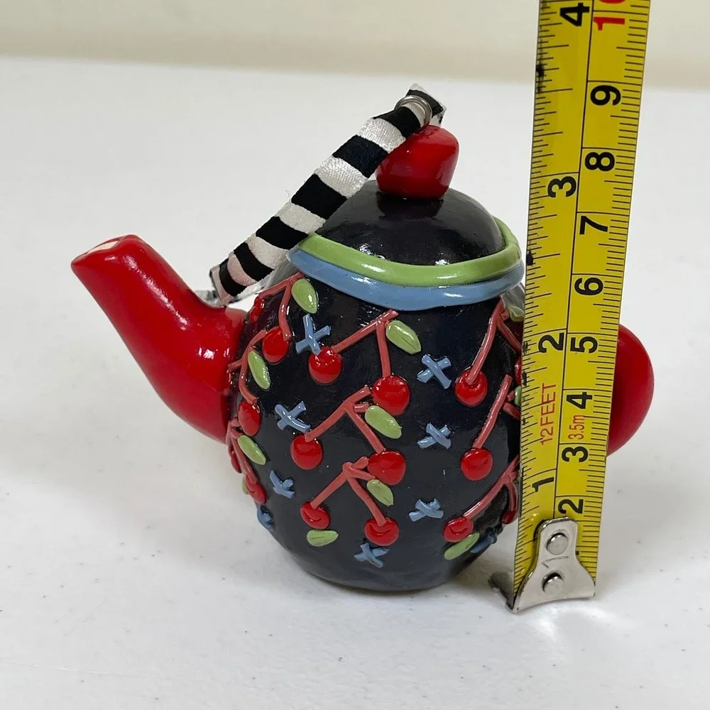 Mary Engelbreit Teapot Christmas Ornament Black Red Cherry Print Whimsy Kitsch